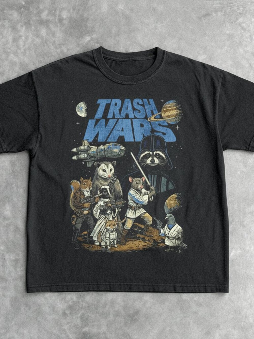 Trash Wars Raccoon Opossum Meme Graphic Tee | Funny Space Parody